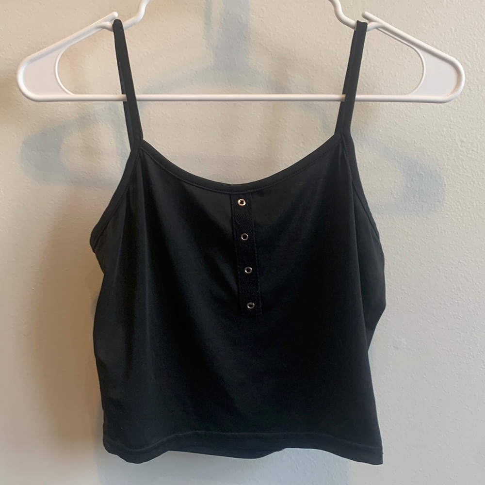 Black cropped tank top, non functional button design in front